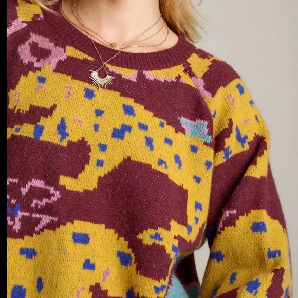 Umgee Women's Burgundy and Yellow Animal Print Sweater - Picture 2 of 5